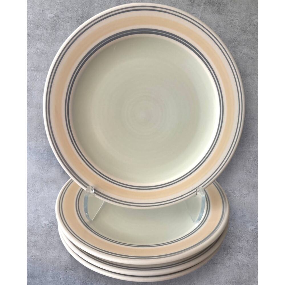 Pfaltzgraff Set 4 Key Largo 11" Stoneware Dinner Plates Cream Yellow Green Bands